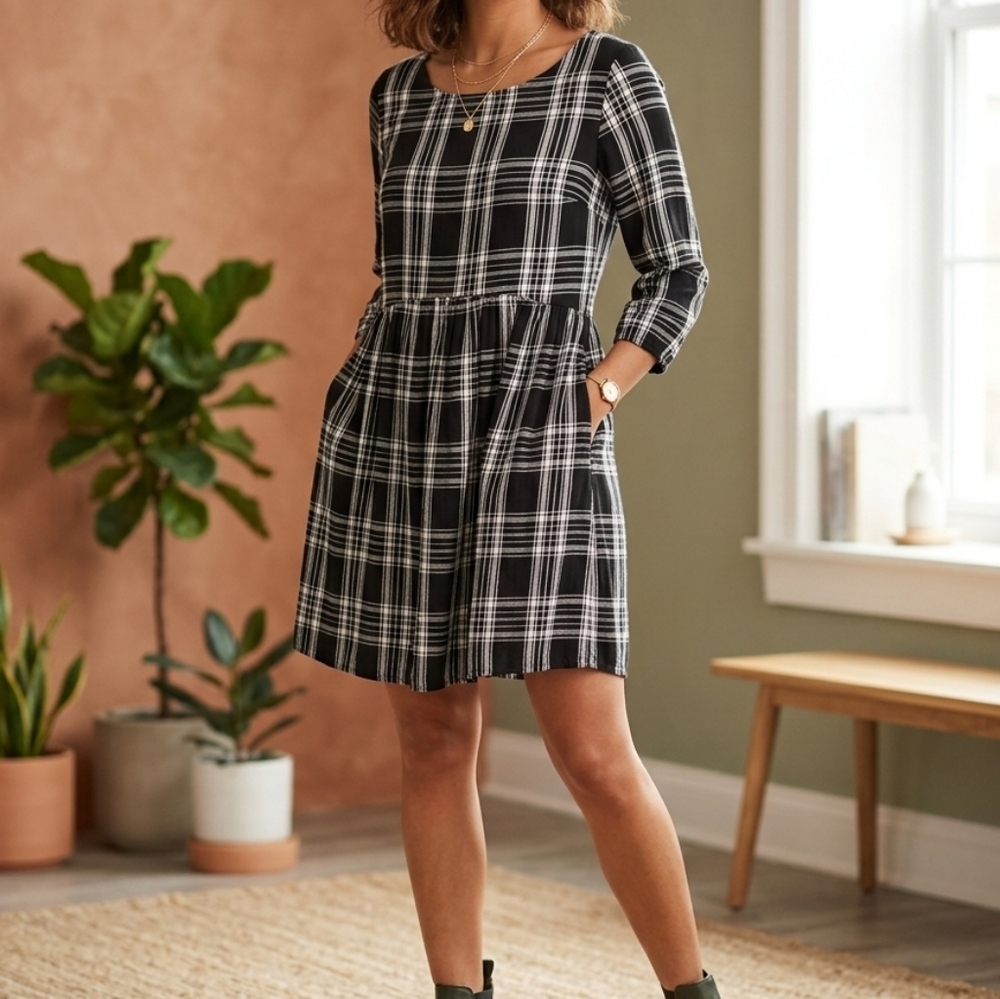 Old Navy Rayon 3/4 Sleeves Black White Dress Ptp 19" L 35"